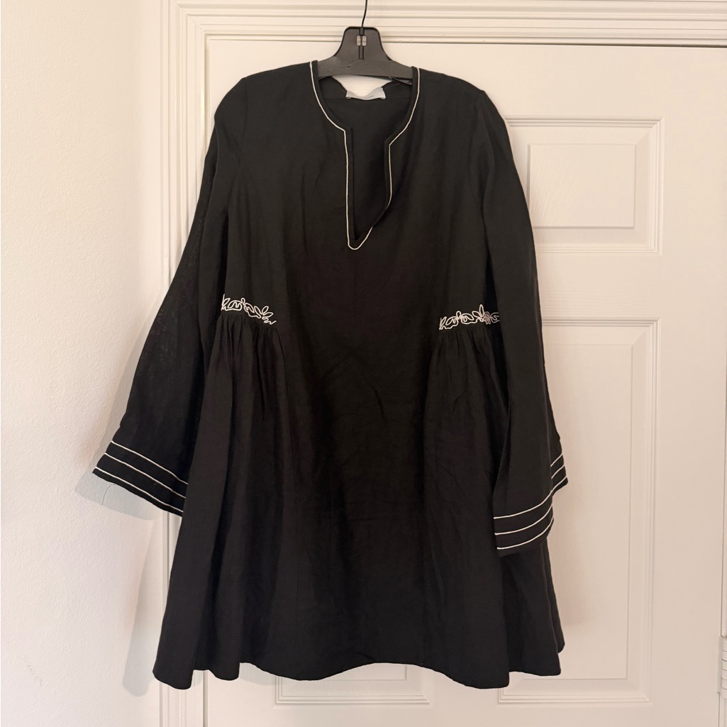 Merlette Riverside Flare Sleeve Trapeze Linen Black Dress With White Embroidery